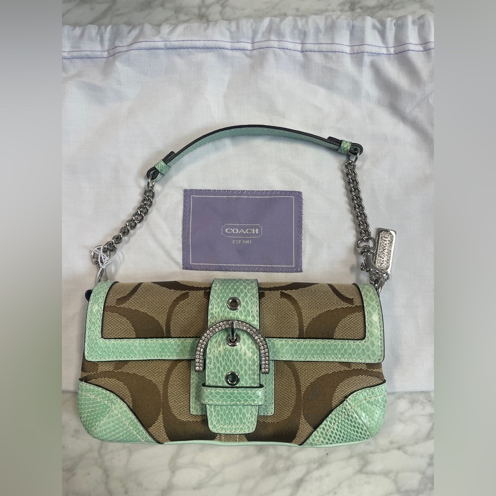 Coach Shoulder Bag with Tan Signature Canvas and Mint Green Trim